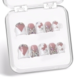 Handmade Press on Nails Rhinestone French Tip Fake Nails Muti-Layer Gel Short Duck False Nail with Luxury 3D White Flower Bow Design Full Cover Thicked Acrylic Nail Stick on Nail for Women (M)