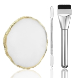 3PCS Resin Makeup Mixing Palette Set, Makeup Mixing Tray, Nail Polish Palette, Flat Foundation Brush and Spatula, DIY Gel Design Nails Eye Shadow Blending Art Tool Gold Edge