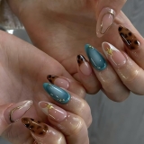 24Pcs Fake Nails French Tip Press on Nails Medium Almond Nails Press Ons Leopard Pattern False Nails with Gold Star Design Glossy Glue on Nail Stick on Nail for Women and Girls