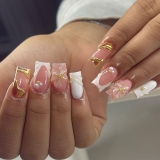 Spring French Press On Nails Medium Square White Fake Nails 3D Pink Flower Nail Press Ons With Gold Pearl Design Gold Nail Tip False Nails Summer Stick On Nails Full Cover Glue On Nail For Women