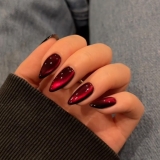KQueenest Dark Red Press on Nails Cat Eye, Burgundy Glitter Press on Nails Almond Medium, Sparkly Shiny Fake Nails Set, Cute Bling Glue on Nails Medium Length for Women Holiday, Gothic Design, 30 Pcs