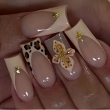 Leopard Print French Tip Press on Nails Medium Square Shaped False Nails with 3D Flower and Stars Designs Spring Floral Fake Nail Embossed Acrylic Nail Full Cover Stick on Nails for Women 24 Pcs