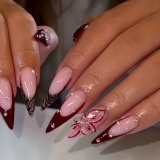 Long Press on Nails Stiletto Fake Nails French False Nails Brown Artificial Nails with Pink Flowers Designs Leopard Handmade Nails 3D Floral Stick on Nails for Women 24pcs
