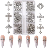 3D Cross Nail Charms for Nail Art, 60 Pcs Metal Crystal Cross Nail Decorations, Alloy Nail Studs and Rhinestones for Women Girl DIY Jewelry Crafts Supplies (Silber B)