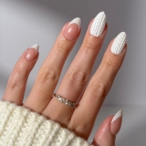 Glamnetic Press On Nails – Sweater Weather | Short Almond Fake Nails with White Glitter French Tips & 3D Designs in a Glossy Finish, Salon Quality Winter Nails | 15 Sizes – 30 Nail Kit with Glue