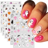 12Pcs Halloween Nail Stickers – 3D Self-Adhesive Halloween Nail Decals – Pink Ghosts Skull Pumpkin Nail Design Decorations for Halloweens DIY Manicure Supplies