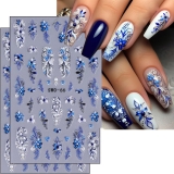 Fall Nails Stickers Blue Flowers Nails Sticker 3D Embossed Self Adhesive Sticker White Flower Autumn Flower Retro Designs Nail Decals Thanksgiving Nail Art Decals for Nail DIY Manicure 2Sheet