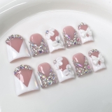 Luxury Rhinestone Medium Duck Press on Nails Handmade Nails with Glue,Nude False Nails with 5D Flower Art Design White French Thick False Nails Muti-Layer Gel Handmade Nail for Women (Size S)