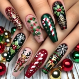 Christmas Press on Nails Medium Square 3D Fake Nails Christmas Nails Press ons with Deer Snowflake Cane Candy Design Acrylic Glue on Nails Winter Cartoon Artificial Stick on Nails for Women 24Pcs