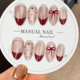 Christmas Press on Nails Short Almond Fake Nails with French Bow Dot Designs Cat Eye Nails Press ons Nude Pink False Nails Artificial Xmas Acrylic Nail for Women Girls 24Pcs