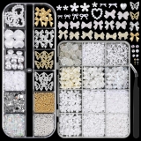 2Boxes 3D Nail Charms Set, Nail Bows Charms and Flowers, 3D Bow Charms for Nails with Petal Caviar Beads Flatback Crystals Pearls Y2K Alloy Butterfly Bow with Tweezers for Nail DIY (White)