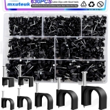 mxuteuk 630PCS Cable Clips with Steel Nails,4/5/6/8/10mm Round and 5/6mm Square Black Cable Wire Clips,Wall Clips for Cords,Cable Cord Clips for RG6 RG59 CAT6 RJ45