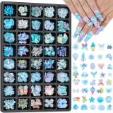 3D Blue Assorted Nail Charms Kit, 40 Styles Cute Flowers Bows Butterflies Bears Hearts Candy Dragonfly Peacock Mushroom Shell Fish Cloud Rainbow Nail Charms for Nail Art Design DIY Crafts(Blue)