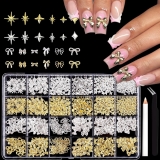 Nail Art Charms, Gold & Silver Metal Star Nail Art Gems and Bow-Knot Nail Charms and Gems, Craft Jewels Nail Rhinestones Accessories Tweezers & Wax Pencils for Women DIY Manicure Decorations