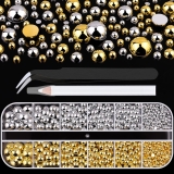 Belleboost Flat Back Pearls Kits, Flatback Half Round Silver Gold Pearls for Bedazzling with Pickup Pencil and Tweezers for Crafting Home DIY and Professional Nail Art, Face Makeup and Craft